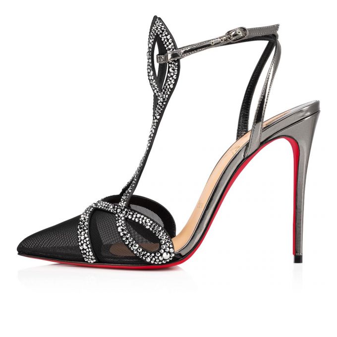 Christian Louboutin Double L Pump Strass 100 Fishnet T Riemen T Strap Damen Silber | AT-28168