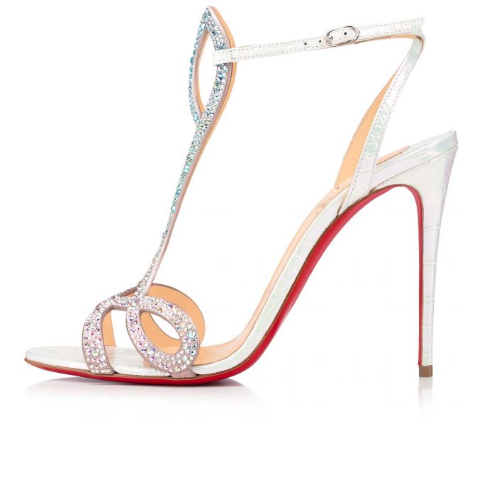 Christian Louboutin Double L Sandal Strass 100 Wildleder T Riemen T Strap Damen Mehrfarbig Weiß | AT-88665